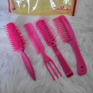 Yves Rochee Vintage 1970s Hair‎ Styling Pick Comb Wet Brush Rake Bath Set Bag